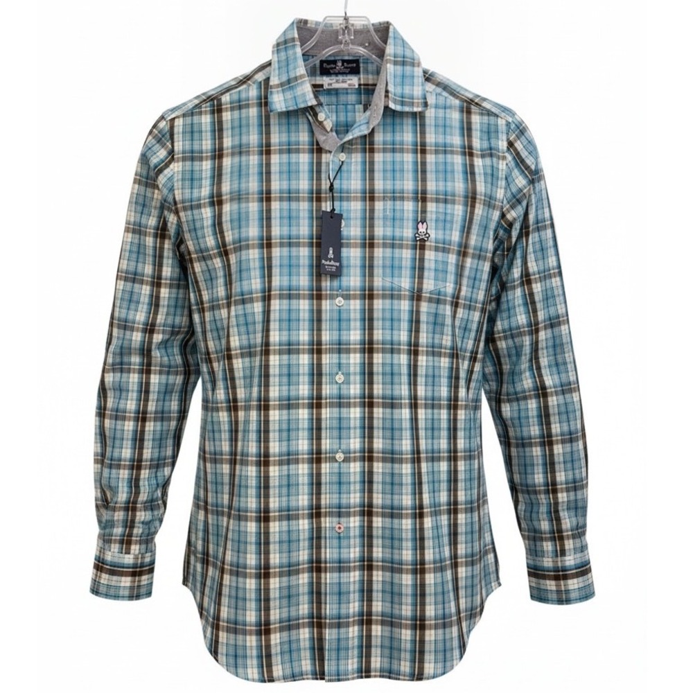 Psycho Bunny Mens 2XL Blue Brown Plaid Pima Cotton L/S Button Down Shirt (V10)
